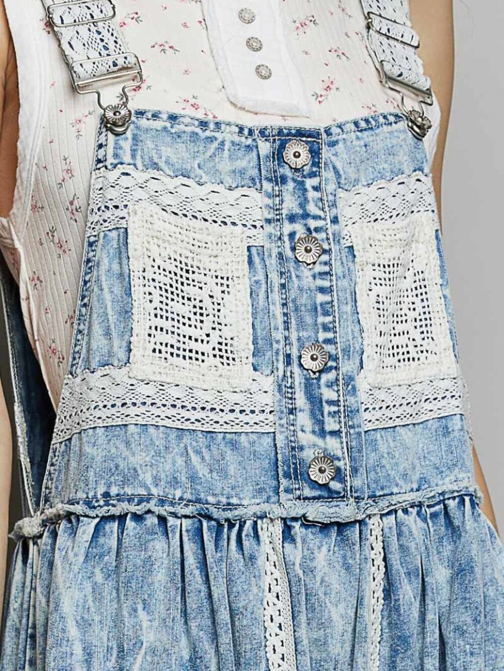 POL LONG OVERALL DRESS-DENIM, CROCHET POCKET, RUFFLES*New Collection For Summer - Picture 2 of 7